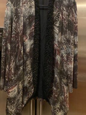 Alberto Makali Multicolor Printed Open-Front Cardigan with Black Trim
